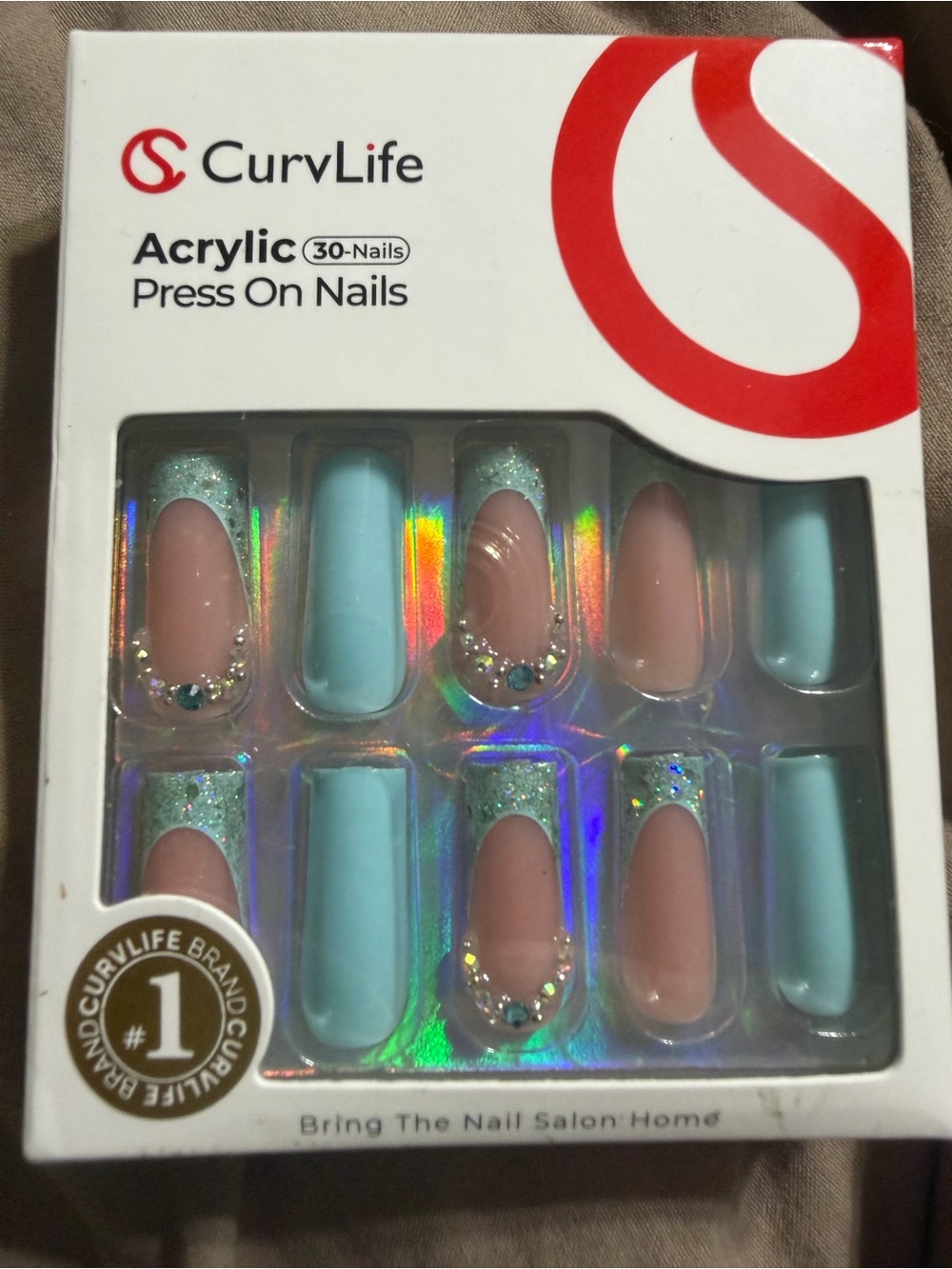 Acrylic Press On Nails - CurvLife Brand Tiffany Blue and Nude Gem Square Tip